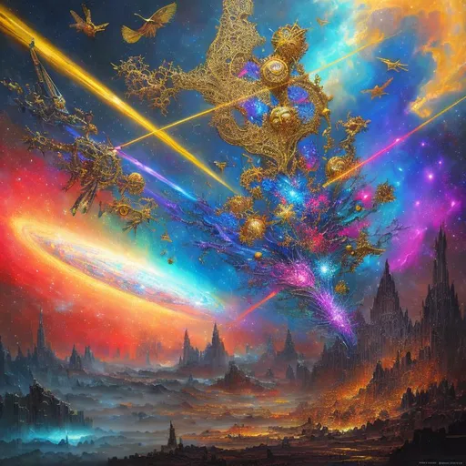 Prompt: Resonance of intercepting points, cosmic, vibrant colours, majestic, beautiful, Maximalist oil on canvas painting, in the style of Paul Gustave Dore, 3D trending on Artstation CryEngine,