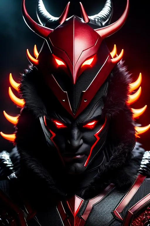 Prompt: Photorealistic Devil man, Red Skin and eyes, Black markings on face and body, Black horns with red tips, Red and Black Leather Style Armor, Intricately Detailed, Hyper Detailed, Hyper Realistic, Volumetric Lighting, Beautiful coloring and face detail