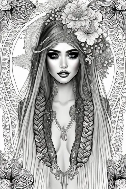 Prompt: coloring page , black and white of detailed beautiftul fantasy girl, with flowers,  clear facial features, symmetrical,long light braided hair with veil,  smooth lines, beautfiful , dreamy, details, black and white, simple, 