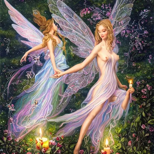 Prompt: oil painting of gorgeous flying healing fairy nymph holding a glowing candle in one outstretched arm|as a translucent [enchanted forest spirit]| (full body)| detailed face| wearing glowing flowing soft colored dress| straight silver sparkling hair| mythical| elegant| hyperrealism| highly detailed| intricate detailed| volumetric lighting|mandelbrot lymph nodes in the background