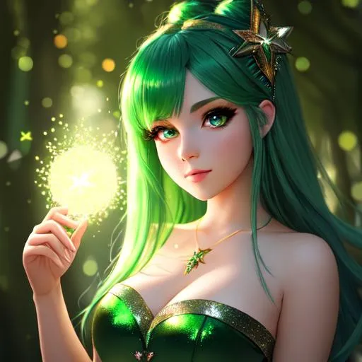 Prompt: green haired girl magician using magic, beautiful eyes, masterpiece, best quality, lighting ,highly detailed, goddess, cute gesture, shiny, glittering shining down, , pastel color, sparkle, glitter, shine, glow effect, bokeh, illuminated, trending on artstation, 4k, dark forest