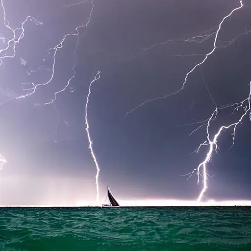 Prompt: a man in a sailboat on a stormy sea during a lightning storm