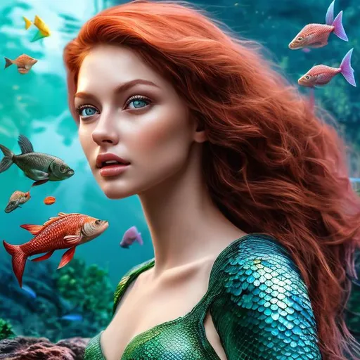 Prompt: 4k professional modeling photo live action human woman hd hyper realistic beautiful mystical mermaid red hair fair skin blue eyes beautiful face green tail enchanting grotto landscape hd background with live action fish coral starfish