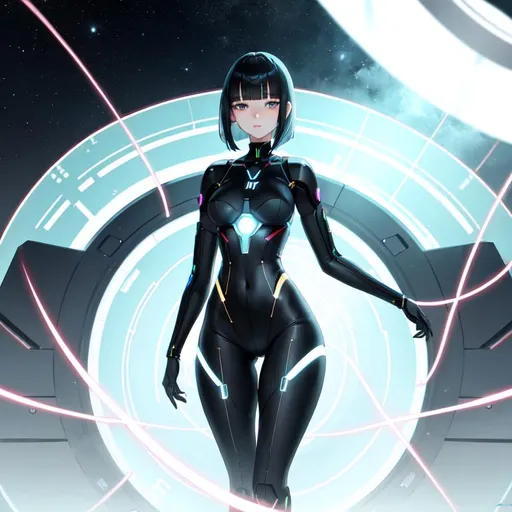 Prompt: a lonely AI girl named "Sleir", very tall, thick thighs, wide hips, long legs, slender waist, big beautiful symmetrical eyes, aloof expression, bob haircut with bangs, (getting abducted by aliens), 12K resolution, hyper quality, hyper-detailed, depth of field