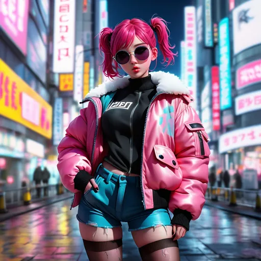 Prompt: wide standing view, full body view, petite 21 year old anime girl, pink hair, two braided pigtails,  sunglasses ((white, oval frame)), puffy bomber jacket, black combat boots, highly stylized artstyle, messy neon tokyo background, wide view, digital illustration, ultra hd, extreme long shot, telephoto lens, motion blur, wide angle lens, deep depth of field, deep blue color scheme, pastel color scheme