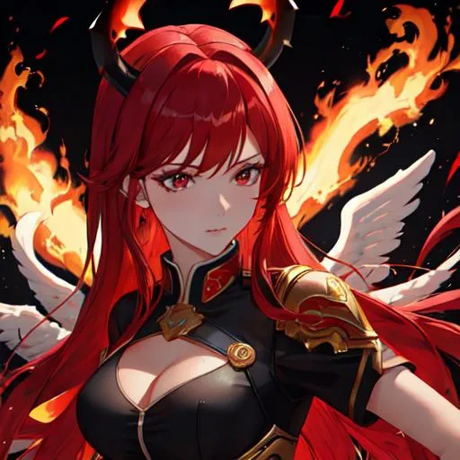 Prompt: Haley with bright red hair pulled back, UHD, highly detailed, fire around her. demon horns, angel devil wings. halo