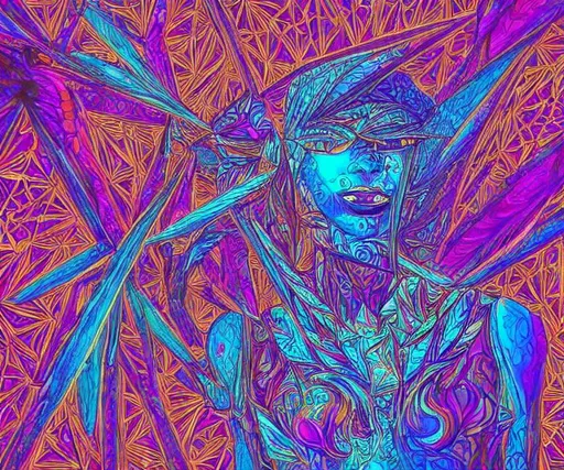 Prompt: dmt, geometric, trippy, hallucinogen, hallucination, beautiful, geometry, interdimensional, blue woman