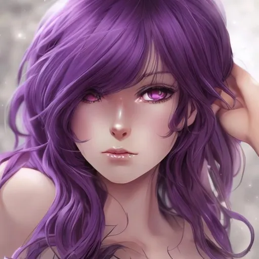 Prompt: Please produce a beautful, gorgeous, semi realistic, anime woman, with long purple hair