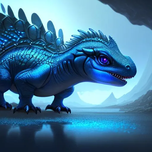 Prompt: Medium shot lifelike illustration, intricately detailed, animated fictional blue baby dinosaur with big eyes 
iridescent reflection, cinematic light trending on artstation  cloudy skies unreal engine dreamy 

volumetric lighting maximalist photo illustration 4k, resolution high res intricately detailed complex,

soft focus, realistic, heroic fantasy art, clean art, professional, colorful, rich deep color, concept art, CGI winning award, UHD, HDR, 8K, RPG, UHD render, HDR render, 3D render cinema 4D
masterpiece photoghrafic real digatal ultra realistic hyperdetailed 

iridescent reflection, cinematic 