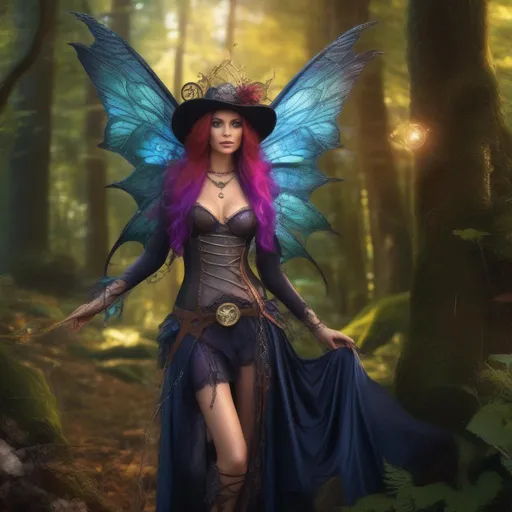 Prompt: (Epic). Cinematic. Shes a (colorful), Steam Punk, gothic, witch. (spectacular), Winged fairy, with a skimpy, ((colorful)), gossamer, flowing outfit, standing in a forest by a village. ((Wide angle)). Detailed Illustration. 8k.  Full body in shot. Hyper real painting. Photo real. A ((beautiful)), shapely, woman with, ((anatomically real hands)), and ((vivid)) colorful, ((bright)) eyes. A ((pristine)) Halloween night. (Concept style art). 
