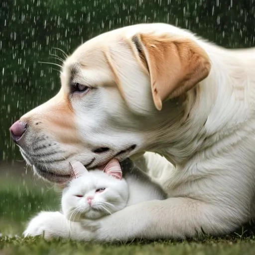 Prompt: A labrador dog kissing a  white cat and it's rainy day