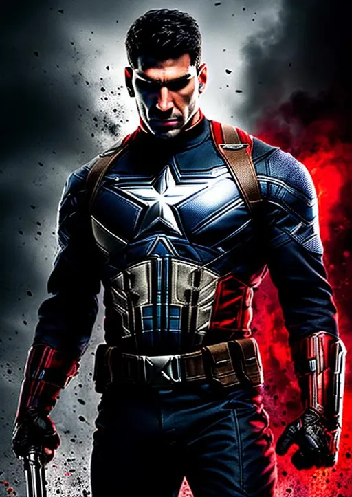 Prompt: High-resolution hyperrealistic photo of {the punisher} frank castle merged with captain america {steve rogers}, skull logo, black and crimson and grey costume, uhd, hdr, 64k