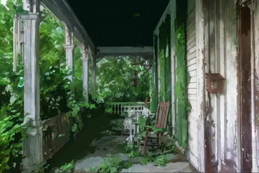 Prompt: highly detailed, porch of abandoned house with ivy climning up trees, windchime hanging from porch, art, concept art, 