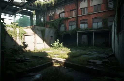 Prompt: Abandoned garden overgrown with vegetation, The Last of Us video game style, desolate, decaying, cracked walls, eerie atmosphere, high-quality, realistic, detailed, The Last of Us, overgrown, abandoned, desolate, decaying, eerie, atmospheric lighting, realistic, detailed textures, seen from angle