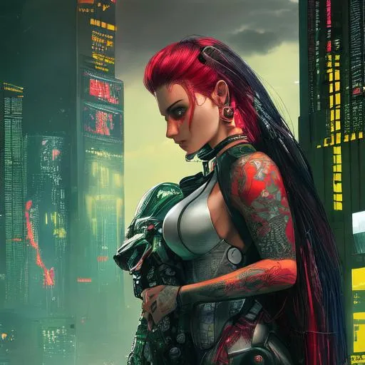 Prompt: Man and woman, embracing, corporate, pharmaceutical, colorful, tattoos, cyberpunk, mech, red fire