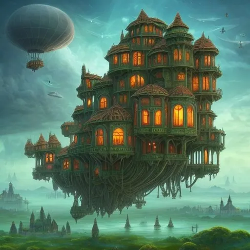 Prompt: fantasy art style, floating house, large house, green house, green windows, green lights, house on stilts, floating house, plane, planes, blimp, flying, floating, drone, wings, engines, fans, aircraft, house in the clouds, house in the sky, wings, house with wings, green 