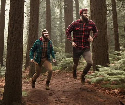 Prompt: buff canadian with steriotypical canadian lumber jack clothes choping down trees in the forest