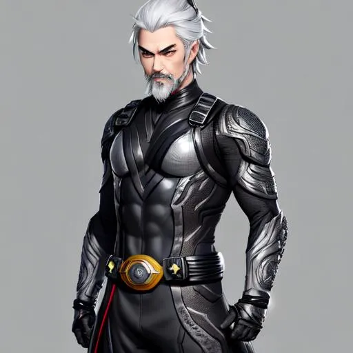 Prompt: Ninja, Digital art gorgeous man, masking, full body shot, confident expression, intricate detail grey hair, facial hair, Genshin Impact vibe, HDR, UHD, 64K, ambient light, ArtStation, Pinterest, super hero, cinematic, kamen rider, tokusatsu, breathtaking