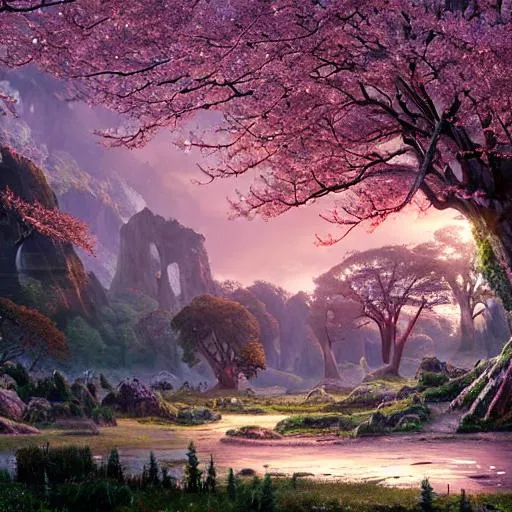 Prompt: ((highly detailed sharp focus 4k UHD wallpaper)) 9:16 breathtaking awe inspiring giant forest at twilight hour, majestic oak trees, Sakura trees, hobbit houses on the cliffside, magical, iridescent, fairycore, mountains in the distance, dramatic foreground framing, art by Stephan Martinière and Liam Wong, Caspar David Friedrich, Jessica Rossier, and Ferdinand Knab.