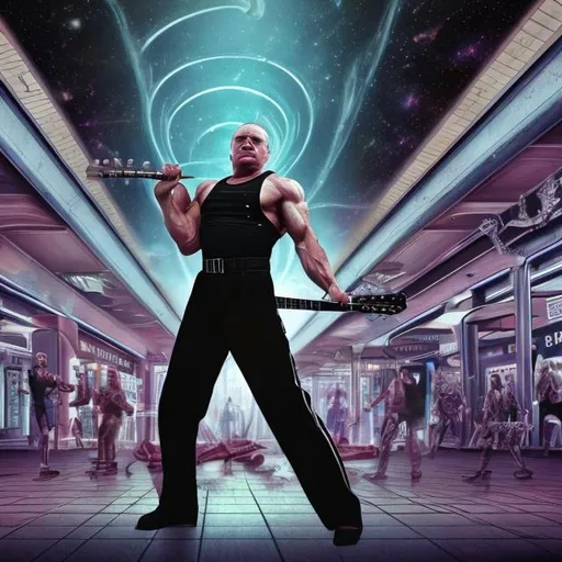 Prompt: Bodybuilding adolph hitler, playing guitar for tips in a busy alien mall, widescreen, infinity vanishing point, galaxy background