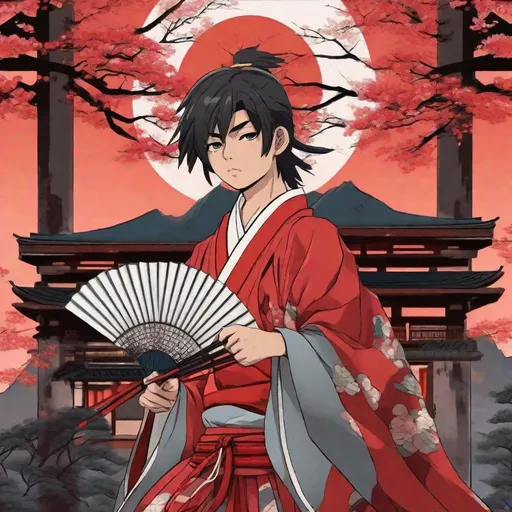 Prompt: Close up. whole body. well draw face. detailed. A young tengu boy in noble Japanese dress. He wields a japanese fan. In background a japanese mountain. Anime. Anime art. 2d art. 2d. rpg art. 