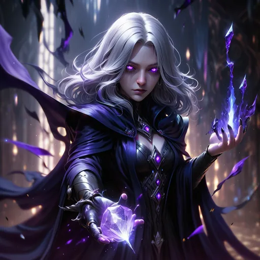 Prompt: Portrait of a mysterious silver-haired woman (Liora) with glowing purple eyes and dark blue cloak made of living shadow fabric, floating strands of hair, holding a crystal dagger emitting purple flames. Behind her, a surreal purple-black void (Shadow Dimension) with floating broken mirrors reflecting her past, and a giant silhouette of a shadow king lurking. Cyberpunk meets fantasy style, highly detailed, dramatic lighting, cinematic atmosphere.