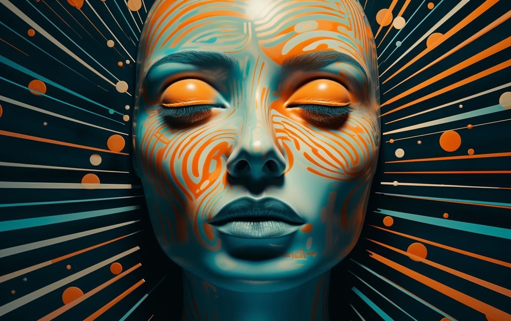 Prompt: a colorful face in space with a face shape, in the style of op art optical illusion, dark teal and light orange, layered lines, sunrays shine upon it, use of vintage imagery, flowing lines, mind-bending sculptures