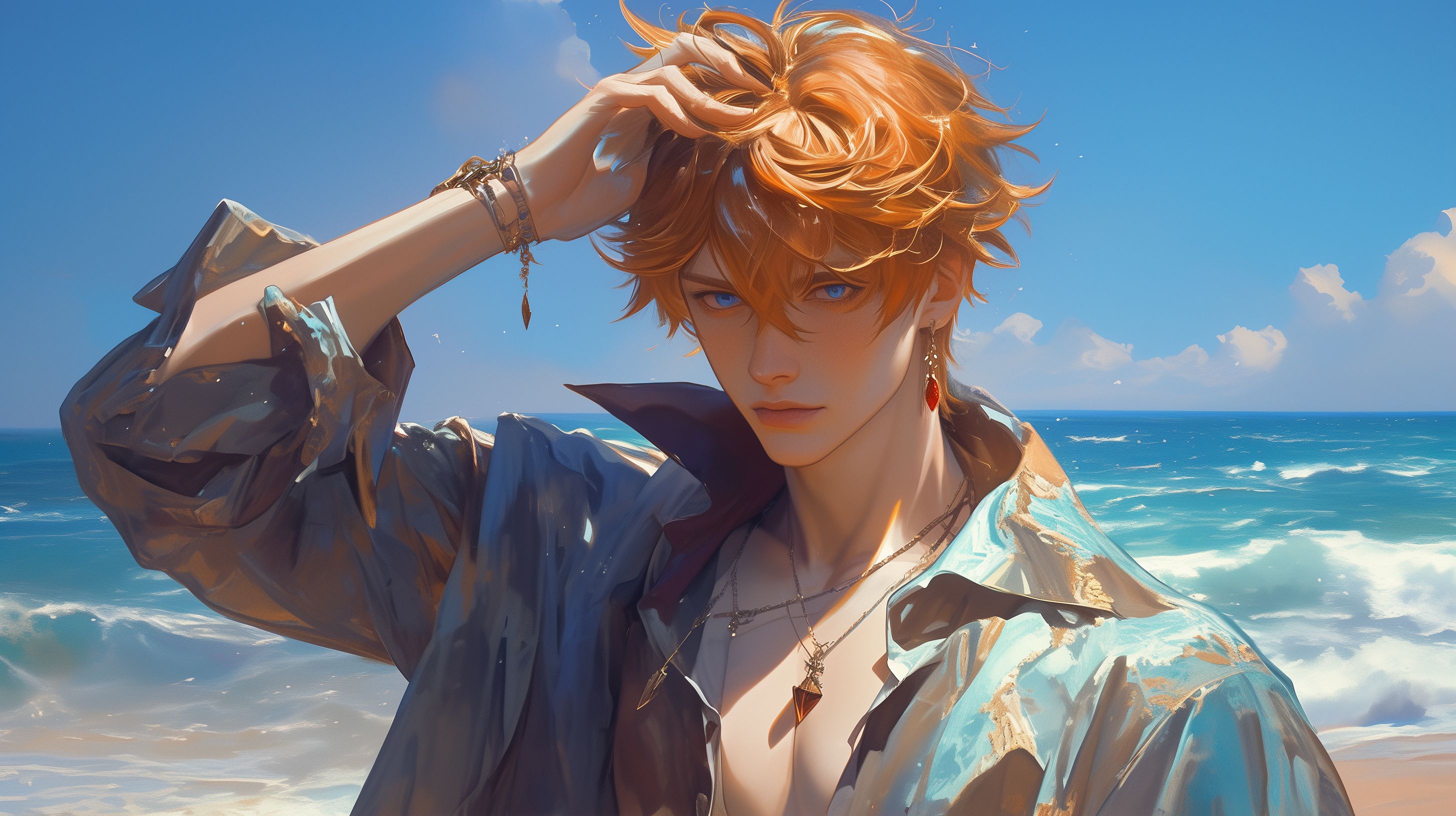 Prompt: Tartaglia from Genshin Impact, Photorealistic, Handsome Asian man with blue eyes, short messy orange hair, k-pop, feminine, thin, handsome, flirty, Narcissistic, pride, background a beach with rough waves, Tartaglia from Genshin Impact --ar 16:9 --niji 6