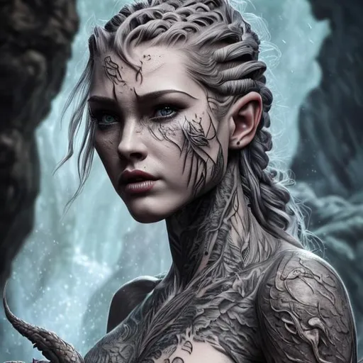 Prompt: (masterpiece) (very sharp) (4K UHD) (best quality) (hyper realistic).  tattooed woman into dragons lair, extremely detailed face, extremely detailed eyes, absolutely real, extremely detailed hair, dragon braid hairstyle, 3D illustration, extremely detailed lips, extraordinary beauty,  waterfall, extremely detailed tattoo art, grey eyes, rocky field, mountain field, cave.
