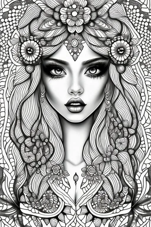 Prompt: coloring page , black and white of detailed beautiftul fantasy girl, with flowers,  clear facial features, symmetrical   smooth lines, beautfiful , dreamy, details, black and white, simple