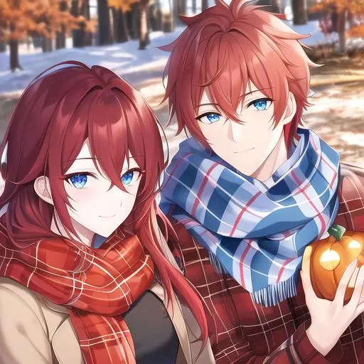 Prompt: Zerif 1male (Red side-swept hair covering his right eye, blue eyes), highly detailed face, wearing a cozy flannel shirt and a pair of stylish jeans. In the park, fall.  wearing a scarf, looking up at the sky, in a pumpkin patch, adult. Handsome,  detailed, UHD, HD, 4K, highly detailed, red haze, masculine, anime style