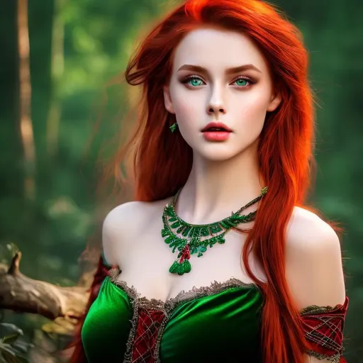 Prompt: professional modeling photo live action human woman hd hyper realistic beautiful scottish warrior woman red hair fair skin green eyes beautiful face green velvet dress silver jewelry enchanting forest at night hd background with live action realistic 