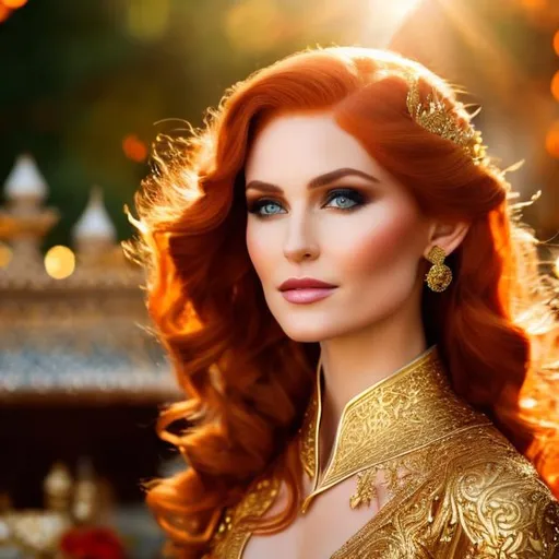 Prompt: {A Mature} elven woman with {red} hair and with cute face, riding in a luxury convertible {golden filigree intricate details},