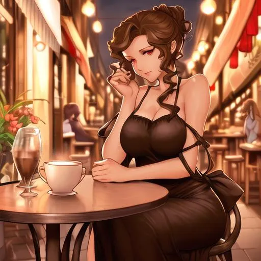 Prompt: narrow long +curly street at evening with warm lights, groceries, bookstores and cafes, window awning, femme fatale with long dress with extremely curly short brown hair tied up in a big chignon sits on chair with confident posture at the table on the street, cup of cappuccino on the table, incredibly detailed, photo realistic, ultra detailed realistic face, hands detailed, fingers detailed, paving stones on the floor, noir style