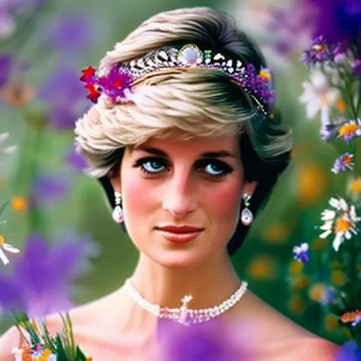 Prompt: Princess Diana as a fairy goddess of wildflowers ethereal,dreamscape, cool colors, closeup