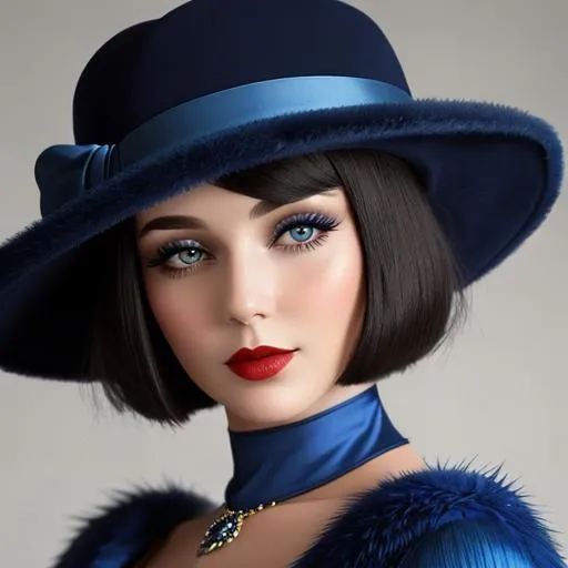 Prompt:  Woman aged 30 years, bob haircut 1920's makeup, face front, blue dress with fur collar, blue hat ,1920's era