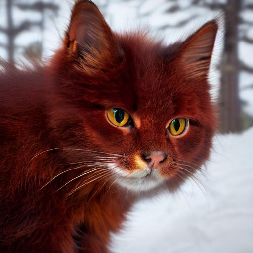 Realistic massive fluffy dark red russet cat in fore... OpenArt