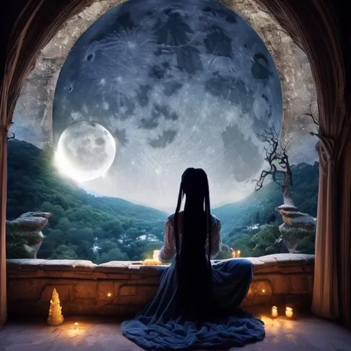 Prompt: A magical scenery where a woman with white hair sitting on the window sill in a castle looking at the moon. There are hills and forest surrounding the castle.