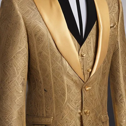 Prompt: A golden men's suit filled with pharaonic inscriptions blending with a modern cut of Italian elegance