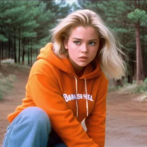 Prompt: still frame, 1990s movie, damsel in distress, beautiful blonde woman wearing hoodie, jeans and thick timberland boots