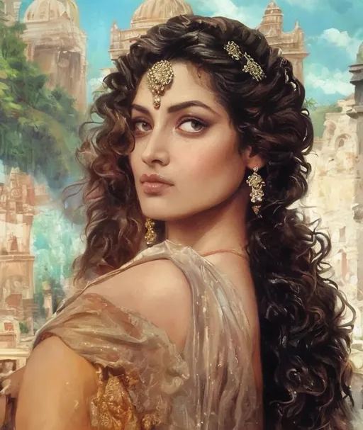 Prompt: masterpiece, best quality, renaissance style girl, dark Silver Long waves hair, Bare shoulder, beautiful Bollywood actresse, light skin, DayGlo green translucent saree sari, perty, beauty face, . realistic, perspective, light and shadow, religious or mythological themes, highly detailed, a beautiful painting of the pinnacles, domes and towers of the ancient mayan jungle city, with the night sky with stars above, intricate, elegant, highly detailed, digital painting, artstation, concept art, by krenz cushart and artem demura and alphonse mucha, (colorful) by james jean and by artgerm, by ross tran, ultradetailed, charachter design, concept art, trending on artstation