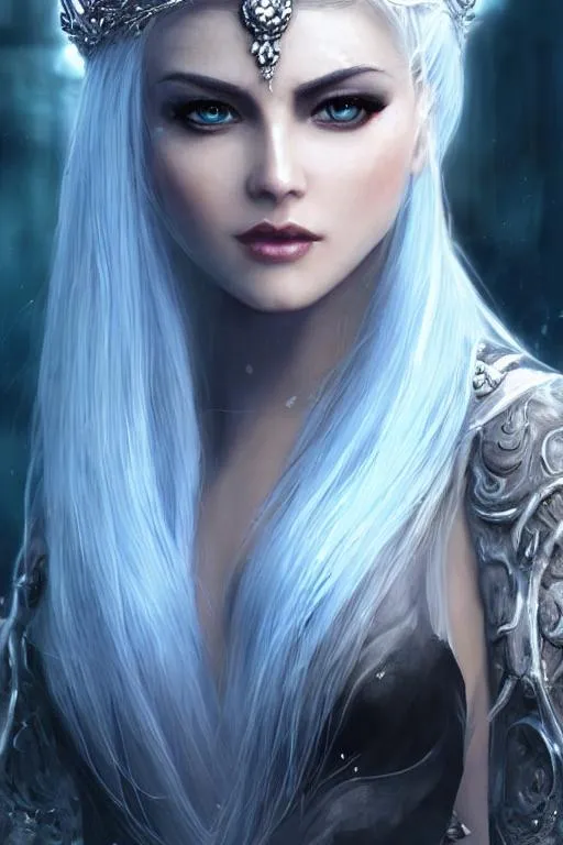 Prompt: Queen of the Damned with white hair wearing a crown in a floor length black dress, soft blue glow, smooth soft skin, serious eyes looking at the camera, soft lighting, detailed face, deep color, splash screen, complementary colors, fantasy concept art, 8k resolution, trend on Artstation Unreal Engine 5, Artgerm, WLOP, dynamic lighting, hyper detail, complex detail, splash, trend on Artstation process colors, Unreal Volumetric Lighting Engine 5