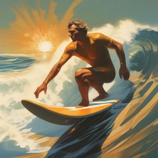 Prompt: oil painting of man surf on ocean, sun, waves by Martin Ansin