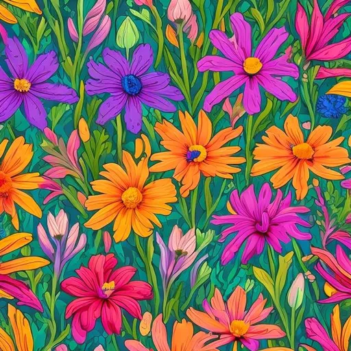 Prompt: Wild flowers in the style of Lisa frank