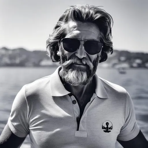 Prompt: black and white photo of a confident, healthy, 45 year old, haired, grey bearded sailor looking magical and handsome wearing a black polo shirt and sun glasses
while pulling the anchor on a sailboat.



