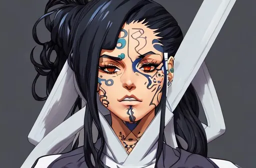 Prompt: Kehlani in bleach anime, all geometrically correct, proportionate face, high detail, concept art, character art, detailed eyes, detailed lips, detailed nose, no face tattoo