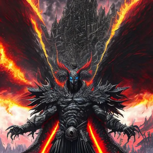 Prompt: (mega detailed) (4x+anime) Dark demon god standing, 100 feet tall, (black and red armor) (Black and red lightning blot imprint) black and red lightning skies. large sword in his hand, burning city behind