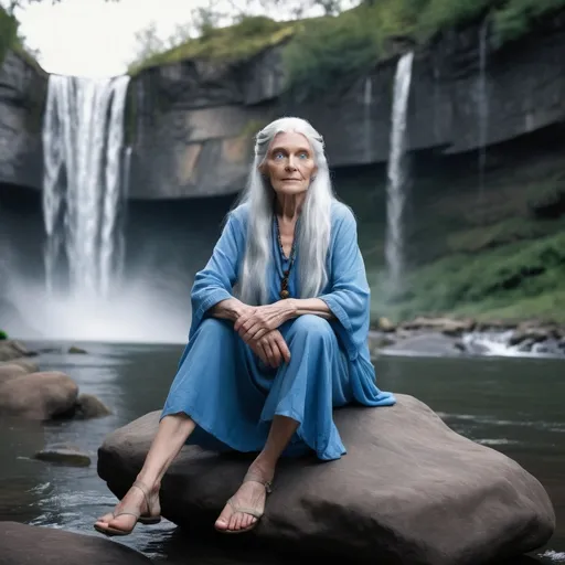 Prompt: fantasy long grey haired very old lady with beautiful blue eyes, sitting on large flat stones in middle of river with waterfall in background