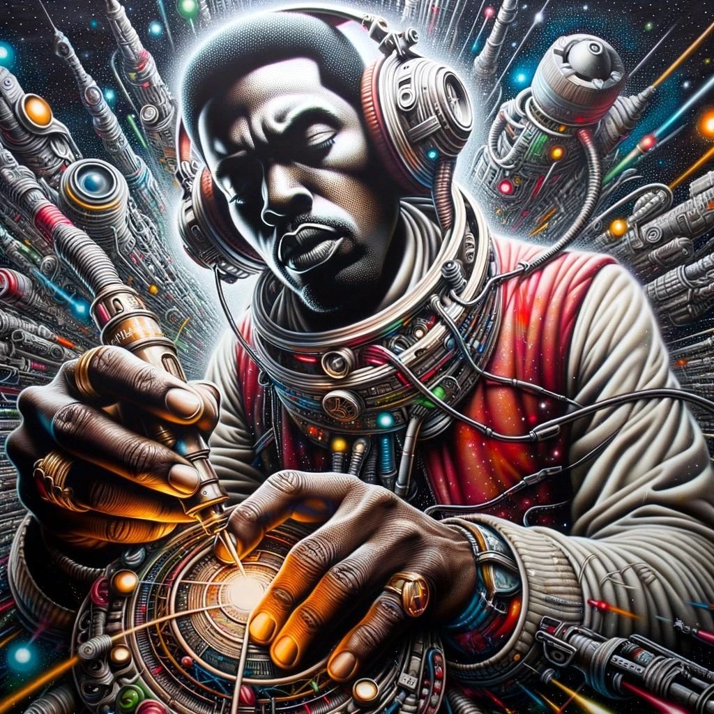Prompt: artwork portraying a graffiti artist, reflecting afrocentric science fiction, Gerry Embleton, intense play of illumination and darkness, John Heartfield, African American arts revival, Dan DeCarlo, rap culture inspired