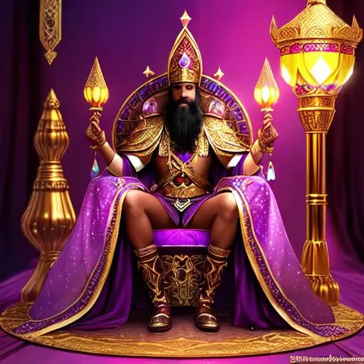 Prompt: A dark skin Elven sultan wearing purple, red and yellow ancient arabian/Ottoman style sultan's armor. sitting on a golden throne in a bioluminescent mushroom forest. black hair, long arabian beard, purple eyes.